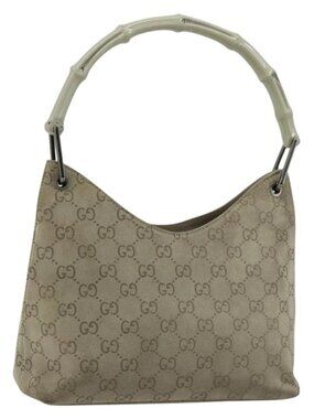 GUCCI GG Canvas Bamboo Shoulder Bag Suede Gray Silver 001 2058 3008 Auth 182655